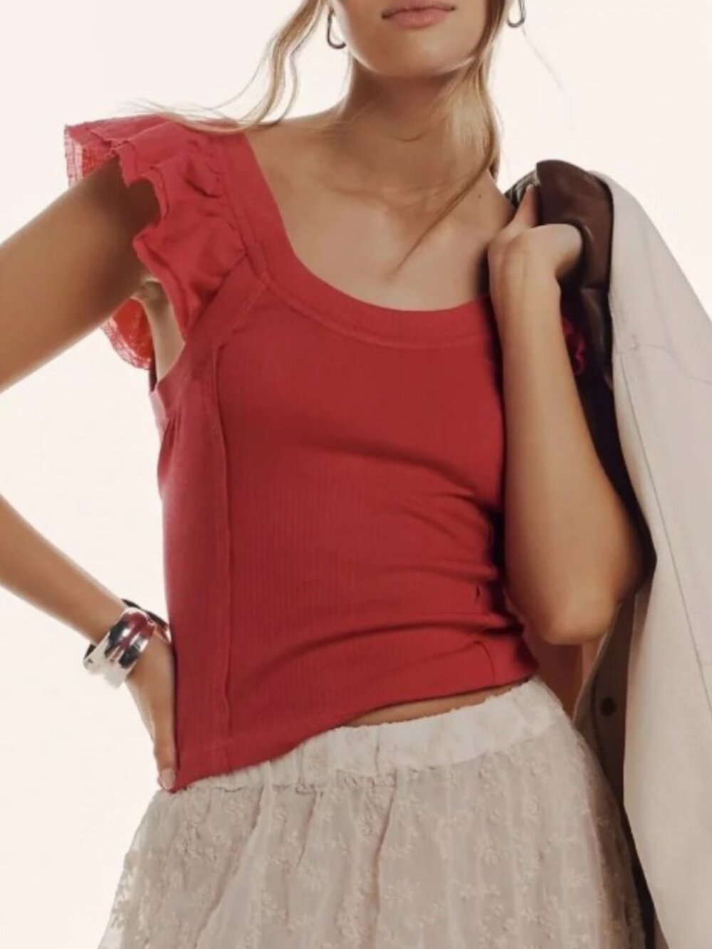 Anthropologie Pilcro Ribbed Flutter Sleeve Top Hot Pink L